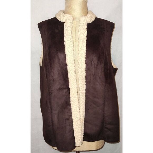 Chico's Size 2 Open Vest. Chocolate Brown with Sherpa look and feel lining. - Picture 1 of 6